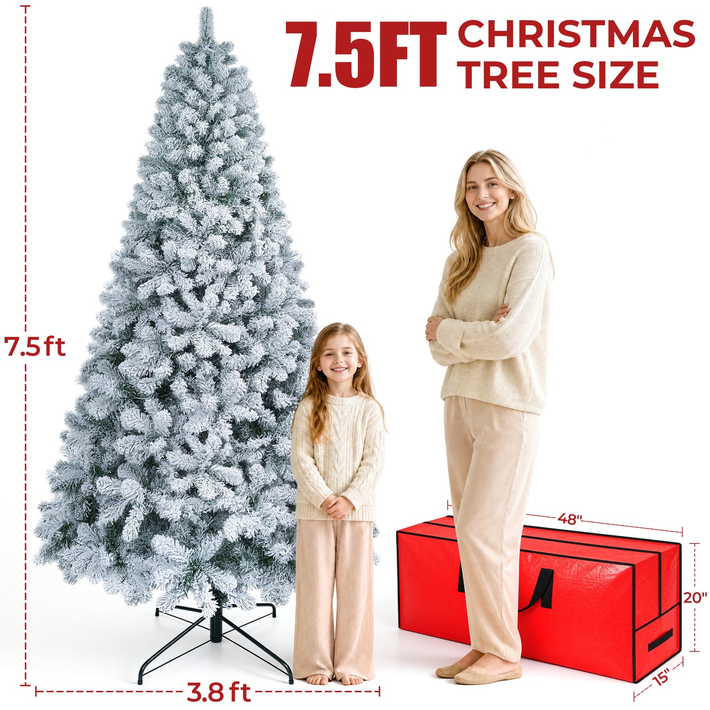 Firstness 7.5ft Pre-Lit Artificial Christmas Tree with 1400 Branches,11 lighting Mode Snow Flocked Xmas Tree with Storage Bag