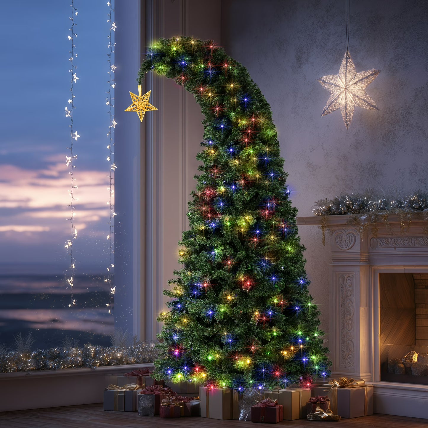 6/7.5FT Christmas Tree Crooked Neck, Prelit Artificial Xmas Tree with 600 Colorful Lights & 11 Modes, 1200 Branch Tips, PVC Bendable Top Christmas Tree for Home, Shop, Office, School Holiday Decor
