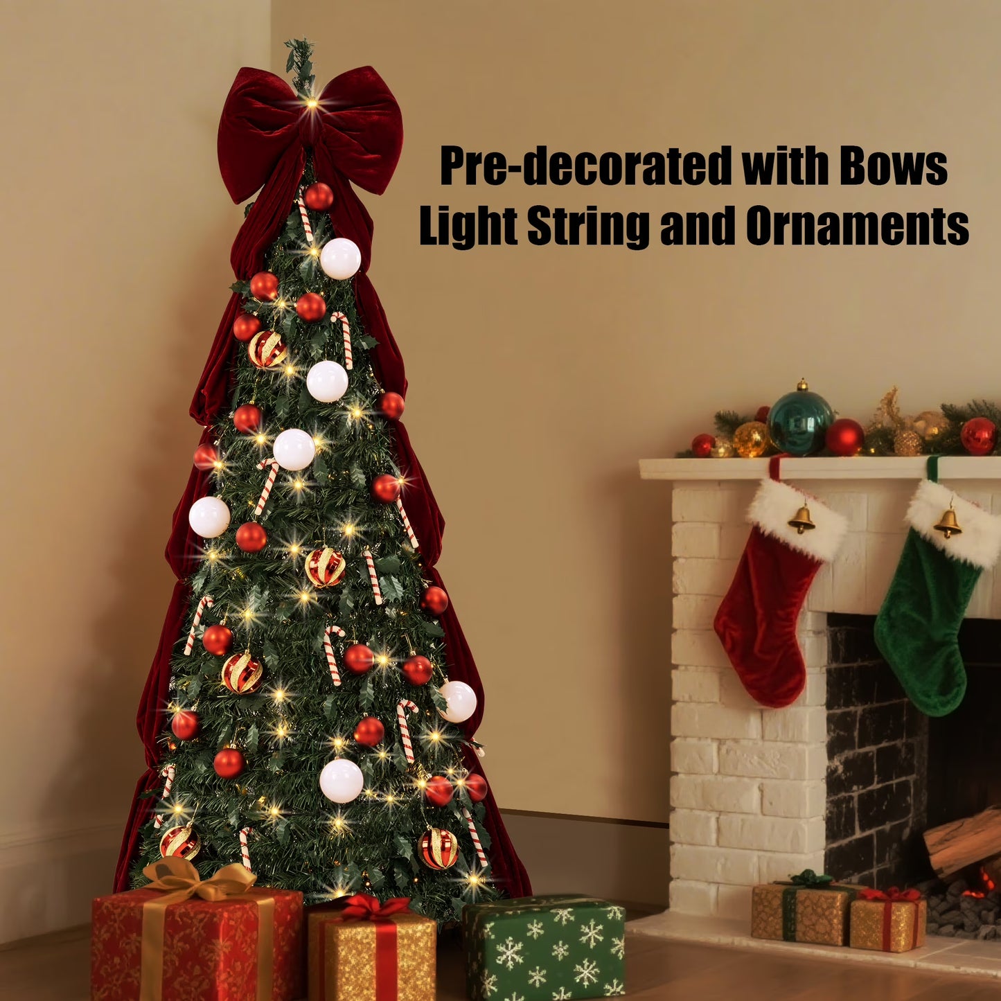 Firstness Christmas Tree 6/7.5FT, Pop up Pre Decorated Pre Lit Artificial Xmas Tree with 150 LED Lights, Large Bow & Ornaments, Lighted Christmas Tree for Holiday Party Decorations, Easy Installation