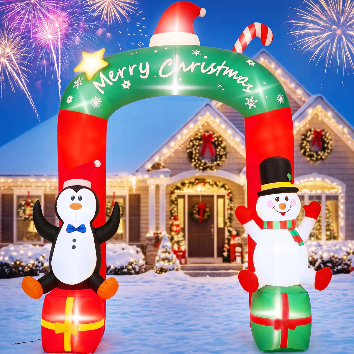 Firstness 9ft Christmas Inflatables Archway Christmas Blow ups with LED Lights, Arch Xmas Tree & Cup Gingerbread Man Outdoor Yard Decoration