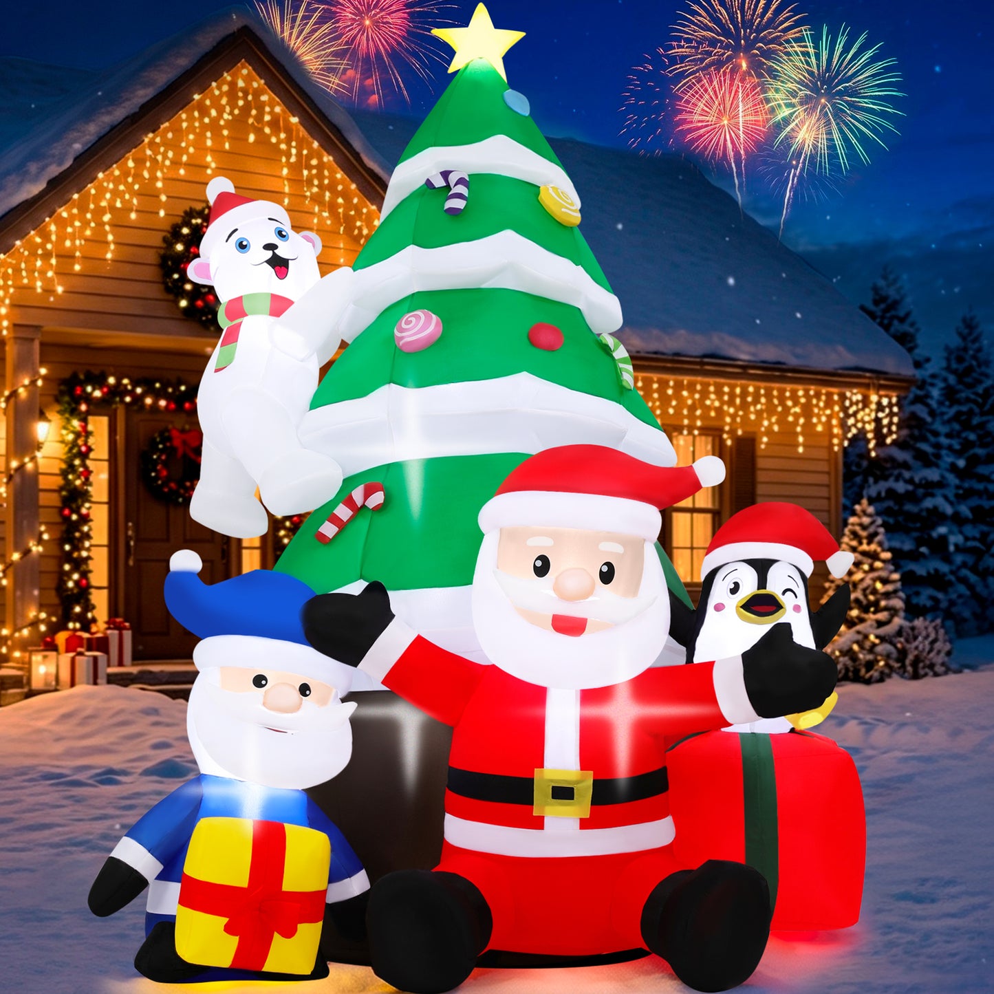 Firstness 7ft Christmas Inflatables with LED Lights,Blow ups Santa Claus Christmas Tree Penguin Bear Gift Boxs Xmas Outdoor Yard Decoration