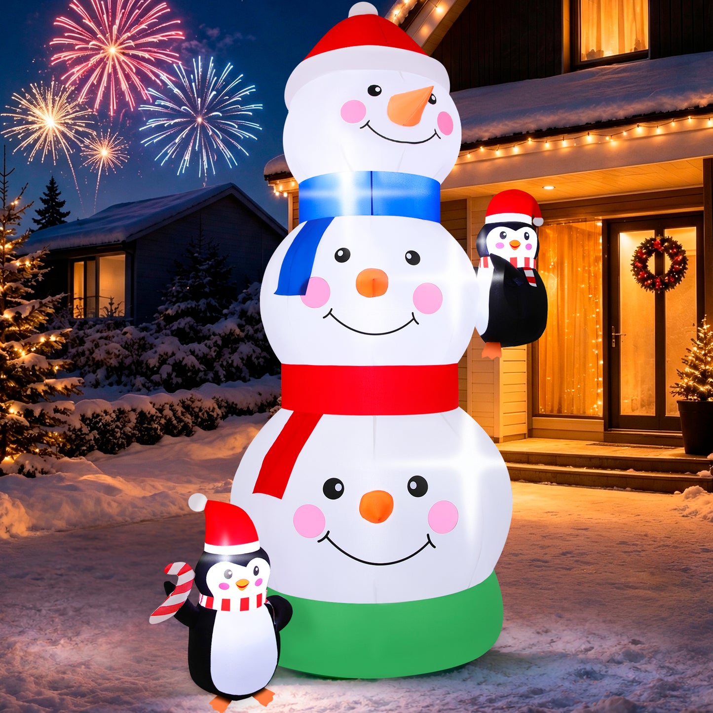 Firstness 6ft Tall Christmas Inflatables Three Snowman Two Penguins Christmas Blow ups Outdoor Decoration with LED Lights for Yard Garden Lawn