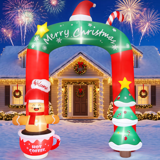 Firstness 9ft Christmas Inflatables Archway Christmas Blow ups with LED Lights, Arch Xmas Tree & Cup Gingerbread Man Outdoor Yard Decoration