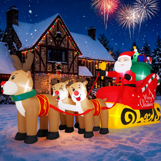 Firstness 8ft Christmas Inflatables Santa Claus on Sleigh with 3 Reindeer Xmas Blow ups with LED Lights Outdoor Yard Lawn Decoration