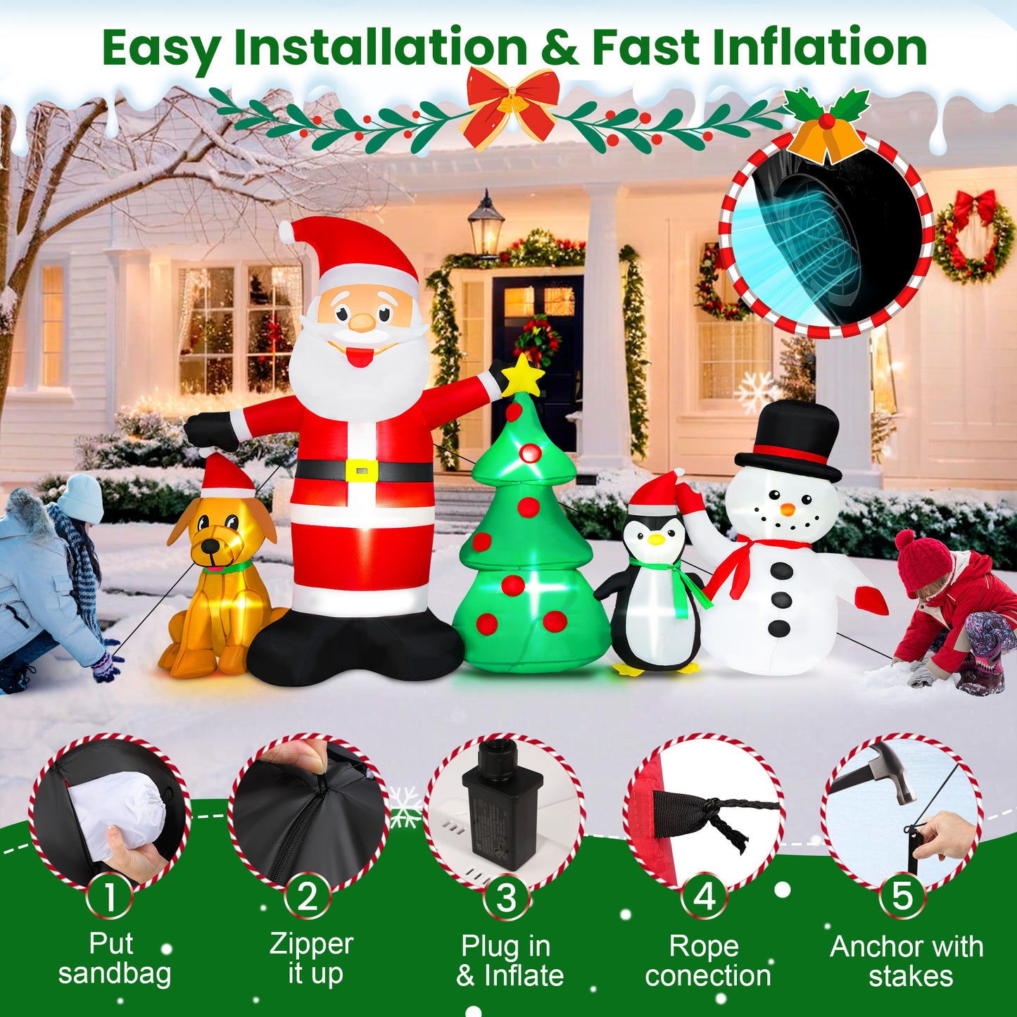 Firstness 6ft Christmas Inflatable,Christmas Blow ups Santa Snowman Xmas Tree Penguin Dog with LED Lights, Outdoor Decoration for Yard Garden Party