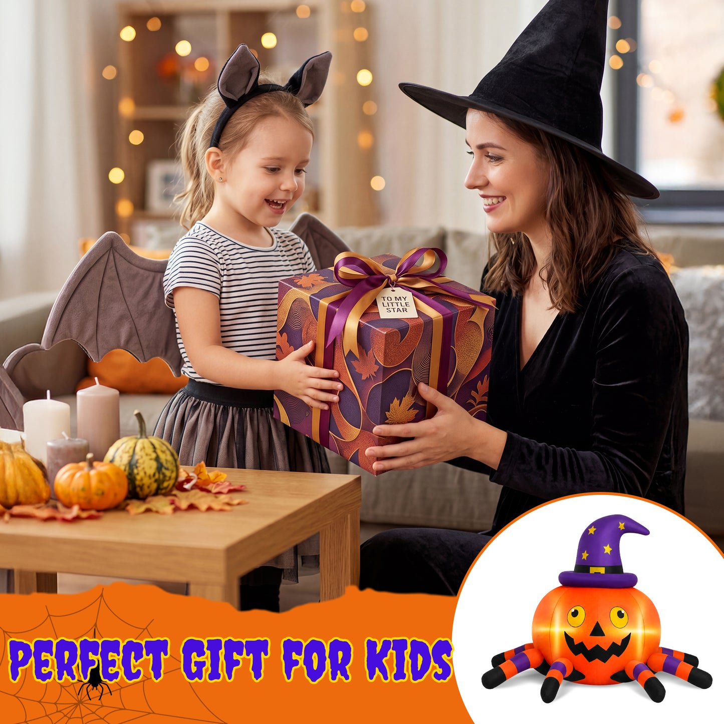 Firstness 6FT Halloween Inflatable Pumpkin Spider with LED Lights Outdoor Decorations for Yard Party