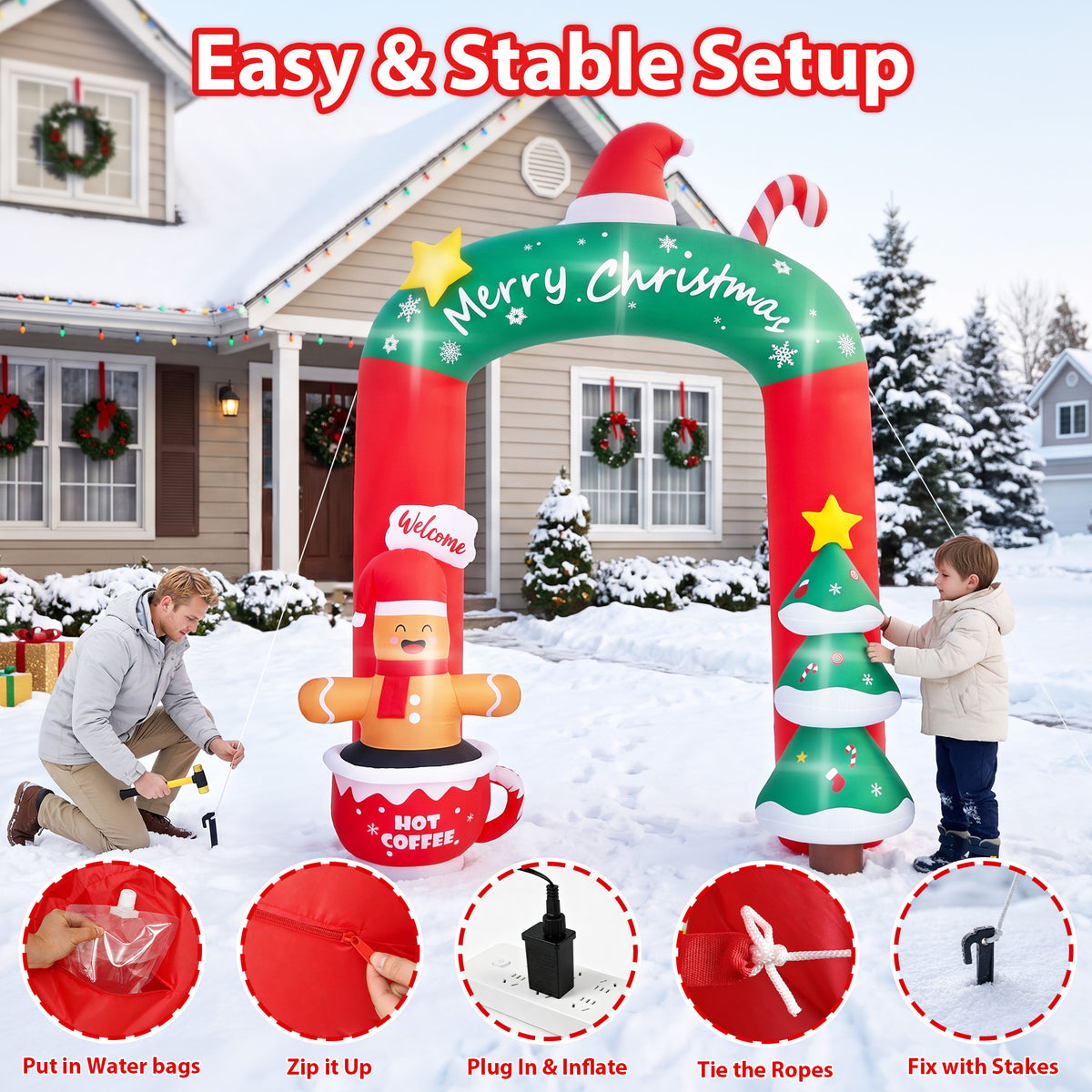Firstness 9ft Christmas Inflatables Archway Christmas Blow ups with LED Lights, Arch Xmas Tree & Cup Gingerbread Man Outdoor Yard Decoration