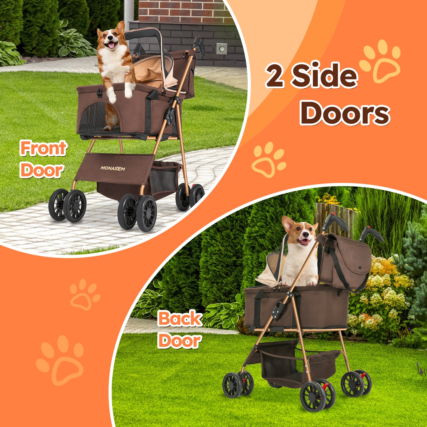 Monasem 4 Wheels Foldable Pet Stroller 3 in 1 with Waterproof Detachable Pets Travel Carrier for Small/Medium Dogs Cats up to 60lbs, Brown