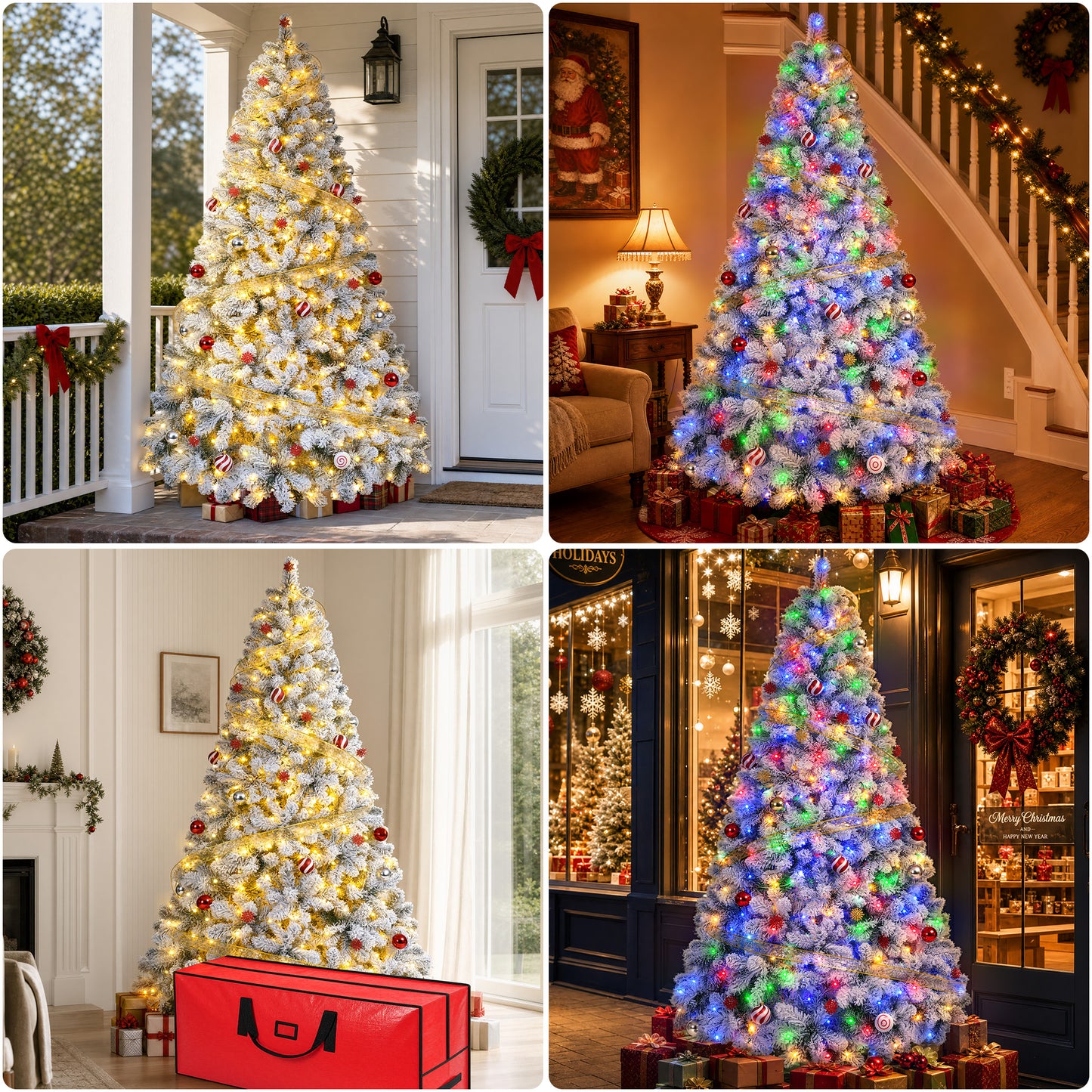 Firstness 7.5ft Pre-Lit Artificial Christmas Tree with 1400 Branches,11 lighting Mode Snow Flocked Xmas Tree with Storage Bag