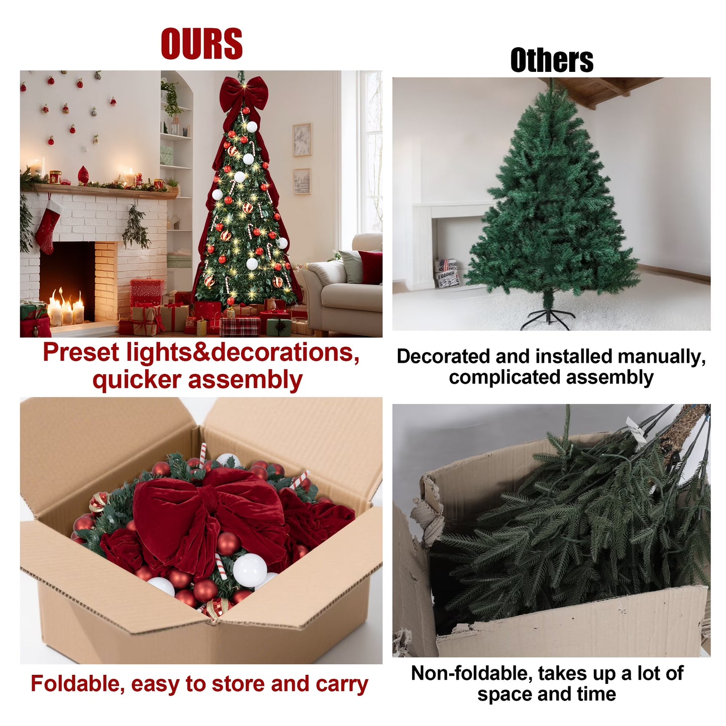 Firstness Christmas Tree 6/7.5FT, Pop up Pre Decorated Pre Lit Artificial Xmas Tree with 150 LED Lights, Large Bow & Ornaments, Lighted Christmas Tree for Holiday Party Decorations, Easy Installation