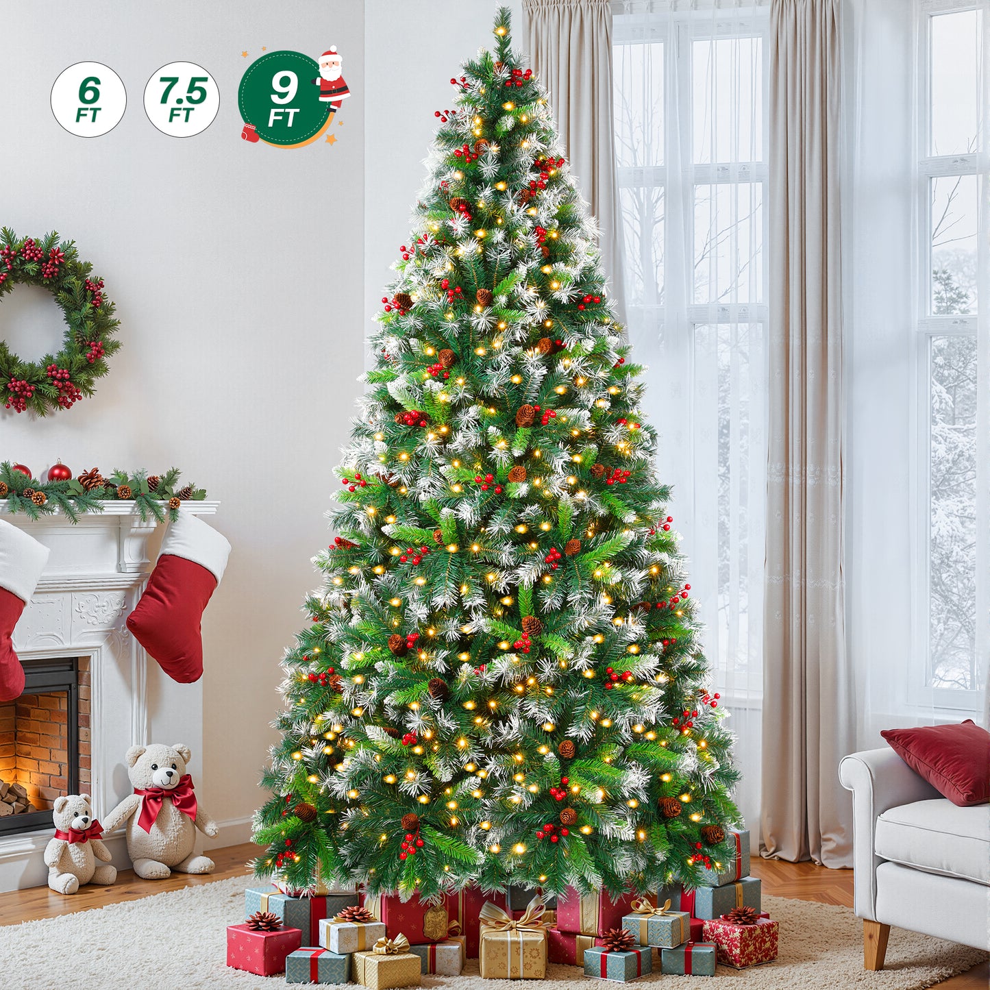 Firstness 6ft Pre-Lit Artificial Christmas Tree,Green Xmas Tree with 1000 Branch Tips 300 LED Lights,Pine Cones + Red Berries