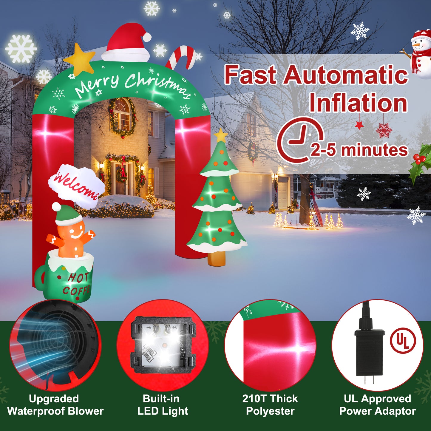 Firstness 9ft Christmas Inflatables Archway Christmas Blow ups Arch Xmas Outdoor Decoration with LED Lights