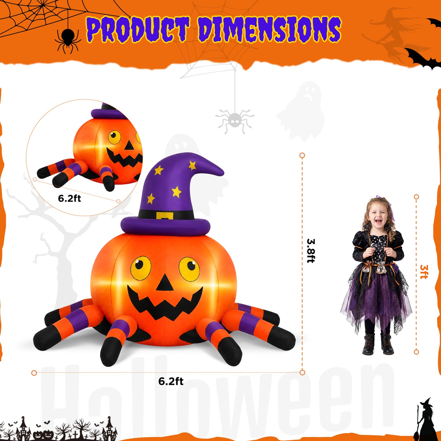 Firstness 6FT Halloween Inflatable Pumpkin Spider with LED Lights Outdoor Decorations for Yard Party