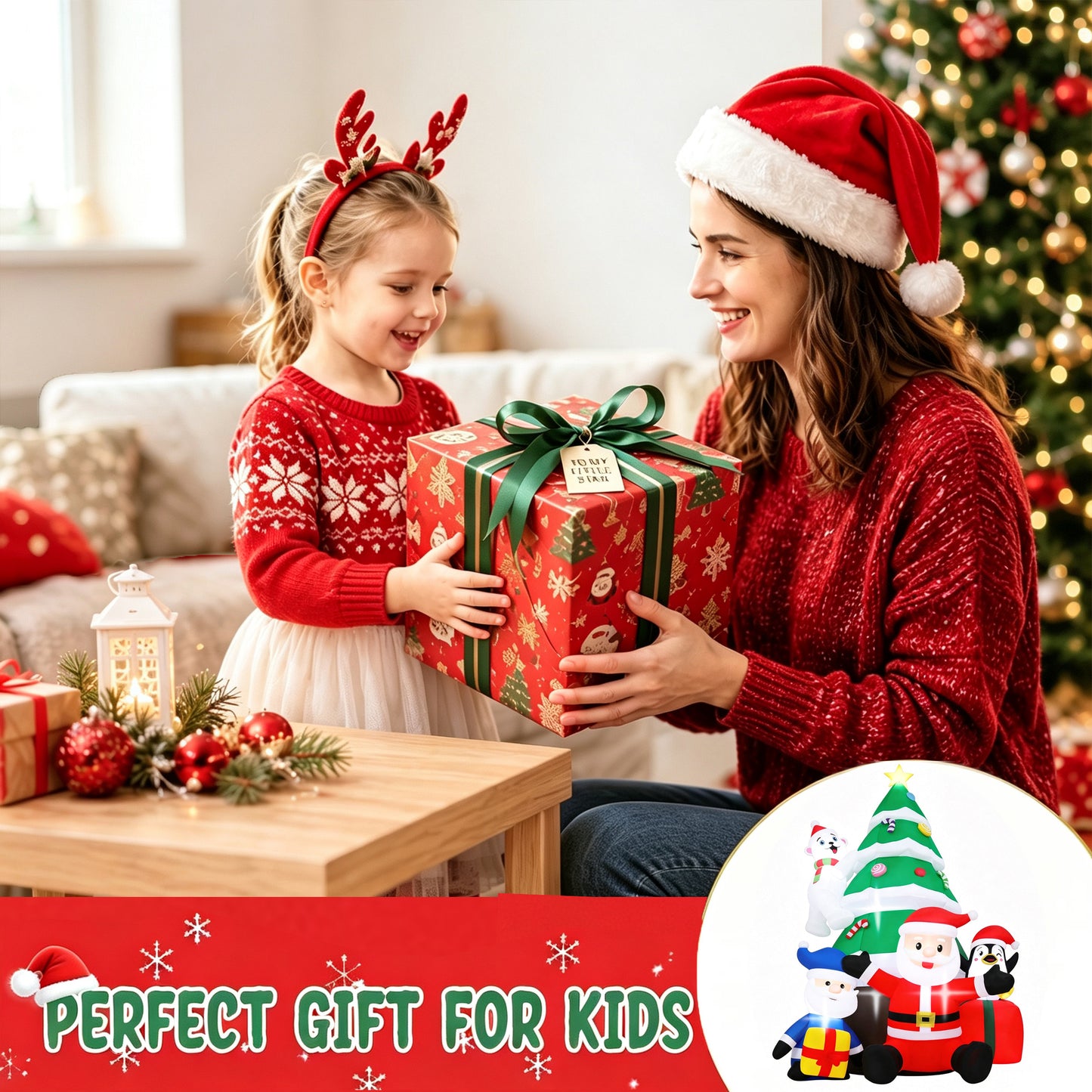 Firstness 7ft Christmas Inflatables with LED Lights,Blow ups Santa Claus Christmas Tree Penguin Bear Gift Boxs Xmas Outdoor Yard Decoration