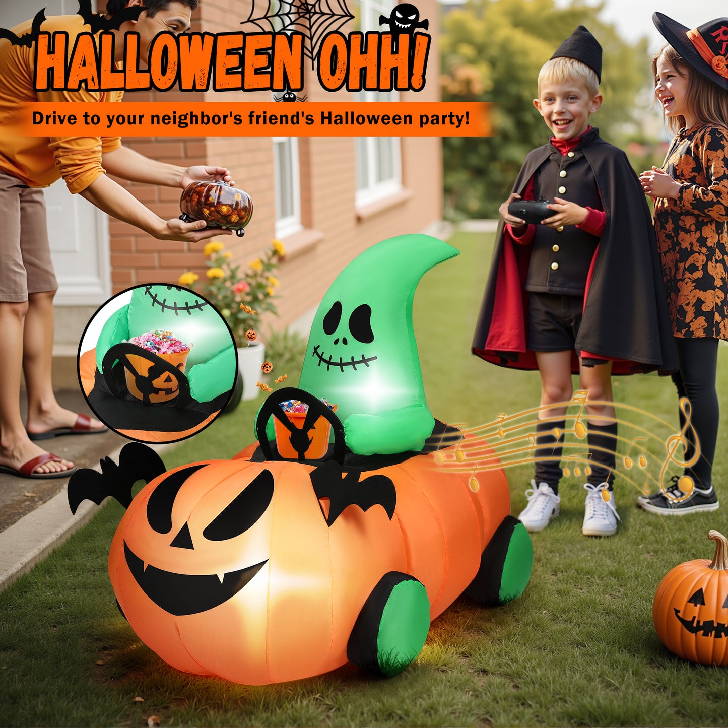 Firstness 2.6ft Halloween Inflatable with Music and Lights,Remote Control Pumpkin Ghost Car,Blow ups Rc Car,Indoor Outdoor,Orange Green