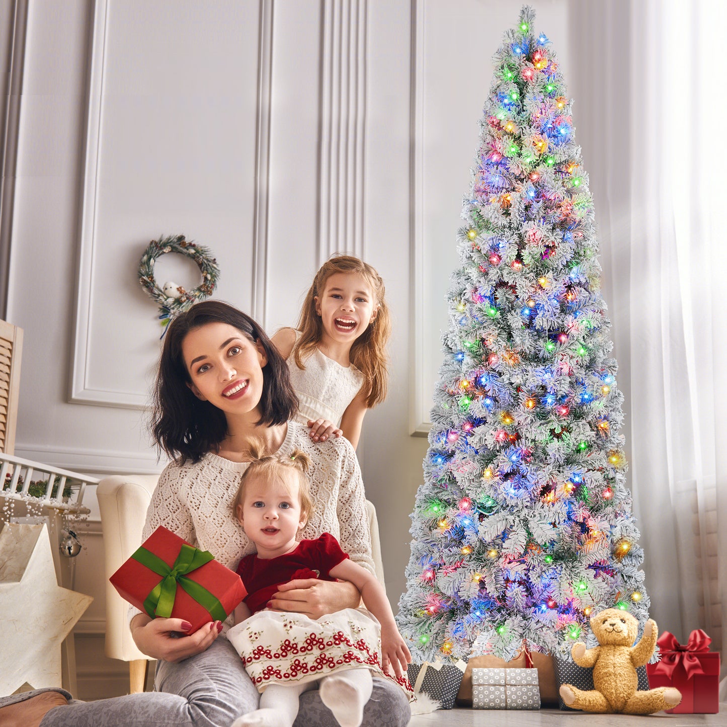 Firstness 6/7.5/8/9ft Pre-Lit Flocked Portland Pine Pencil Artificial Christmas Tree