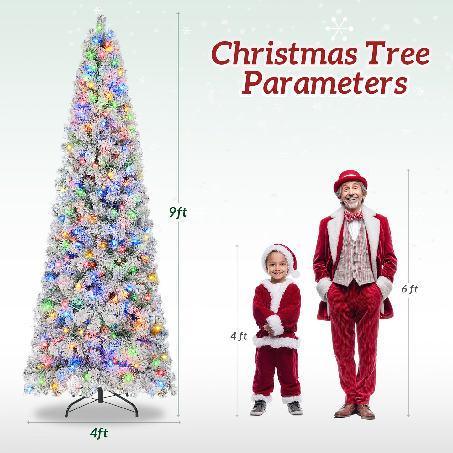 Firstness 6/7.5/8/9ft Pre-Lit Flocked Portland Pine Pencil Artificial Christmas Tree