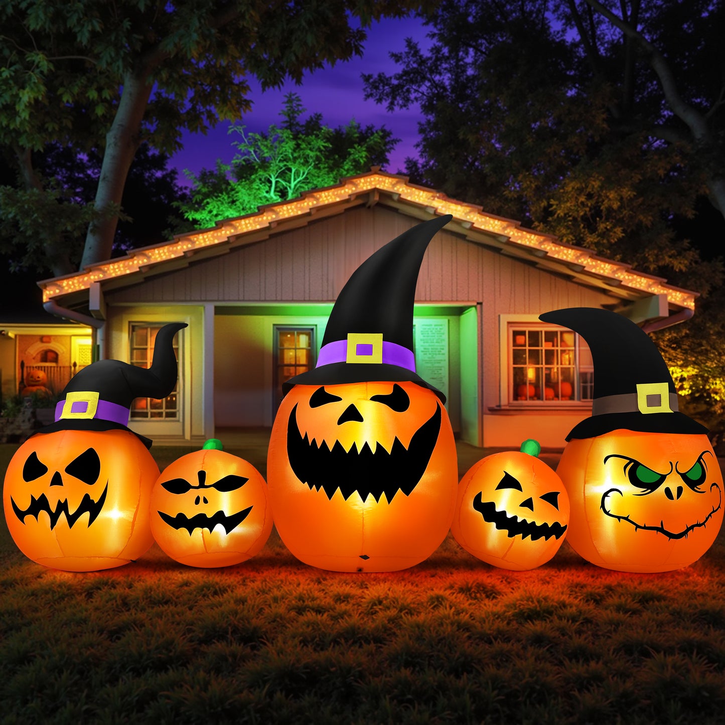 Firstness 8FT Long Halloween Inflatable Pumpkins Outdoor Decorations, 5 Pumpkins with LED Lights Blow up Inflatables for Party Yard Lawn Garden