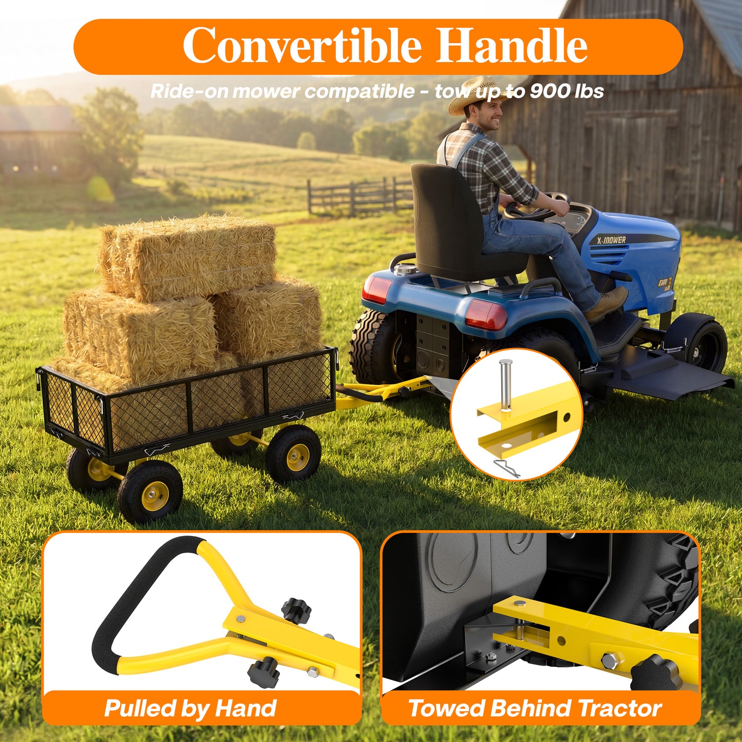 Firstness Heavy Duty Garden Cart, 900 lbs Capacity Garden Wagon with ATV/Tractor Hitch & Removable Sides