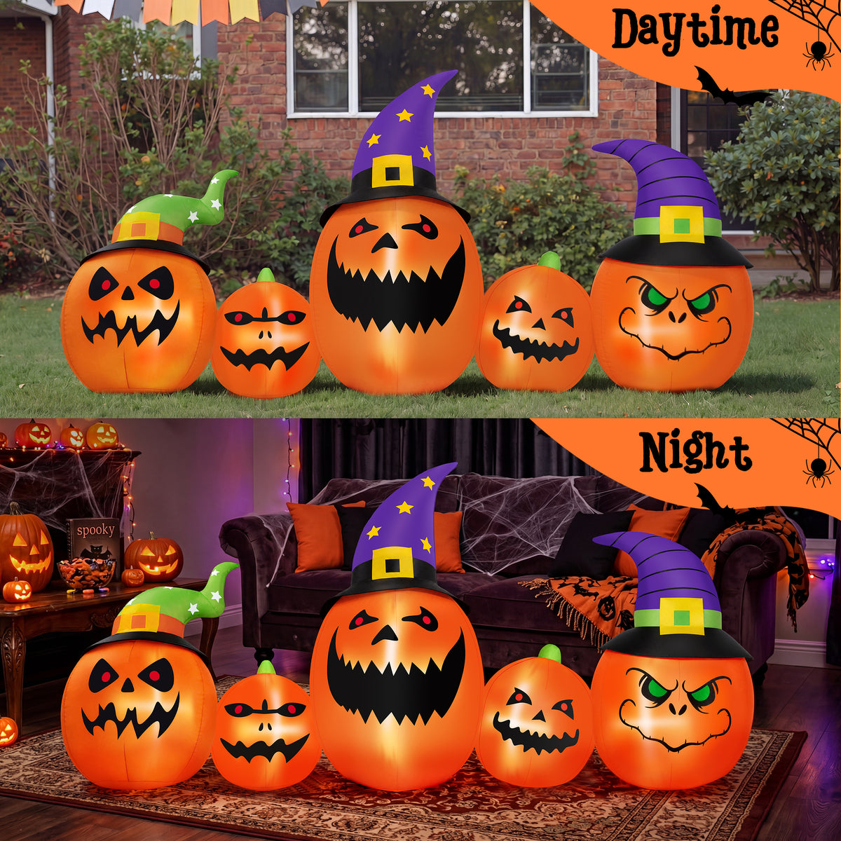 Firstness 8FT Halloween Inflatable Pumpkins Ghost Cat with Lights,Blow ups Outdoor Decorations for Yard
