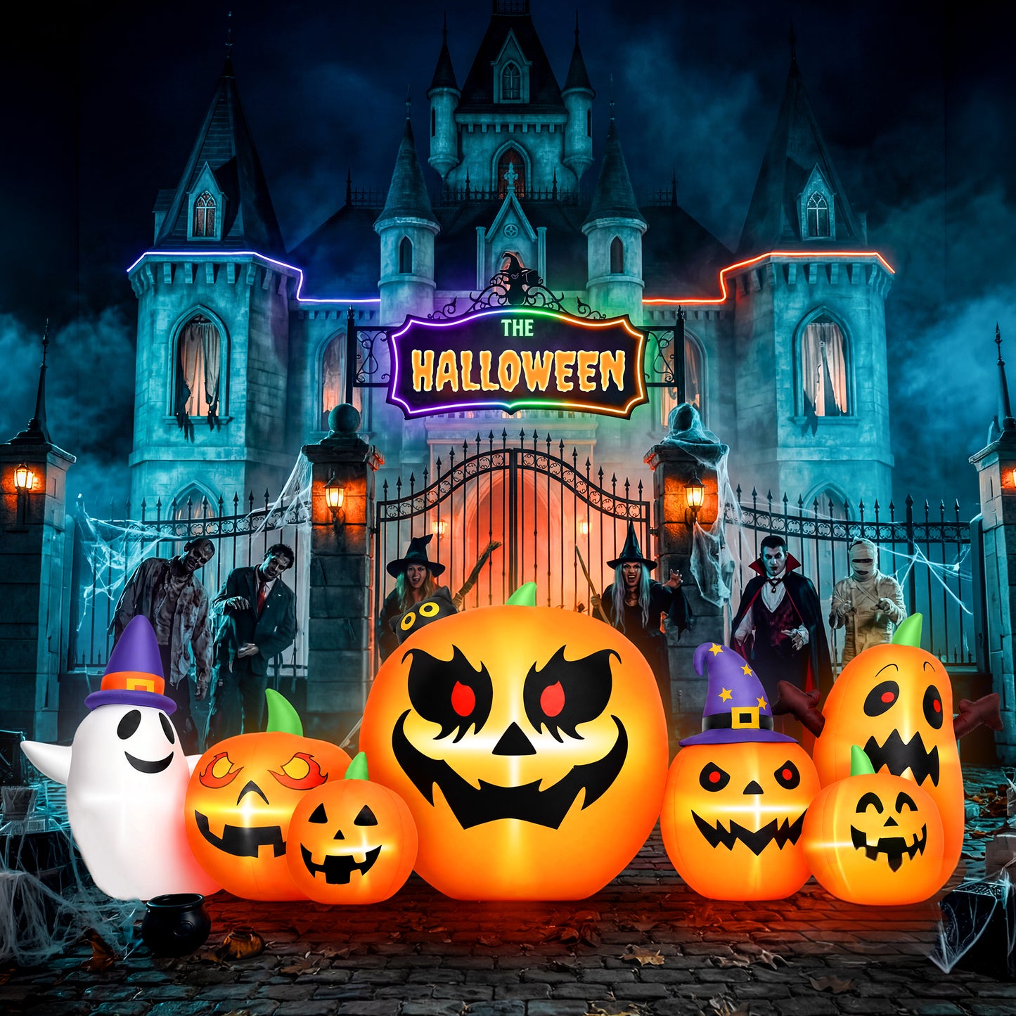 Firstness 7.9FT Halloween Inflatable Pumpkin Ghost with Lights, Halloween Blow Ups Outdoor Decoration for Home Party