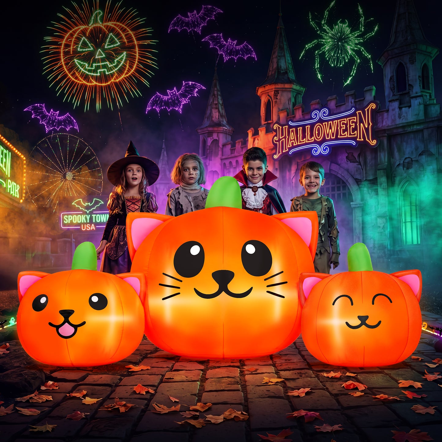 Firstness 6FT Long Halloween Inflatable Pumpkins Cat Outdoor Decorations,3 Pumpkins with Lights for Party Yard