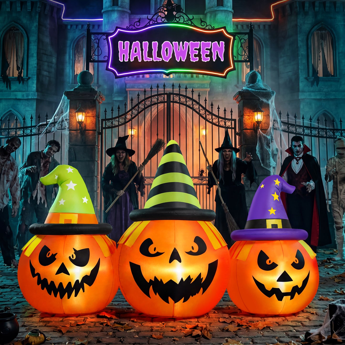 Firstness 6FT Halloween Inflatable,Three Pumpkins with LED Lights Outdoor Decorations