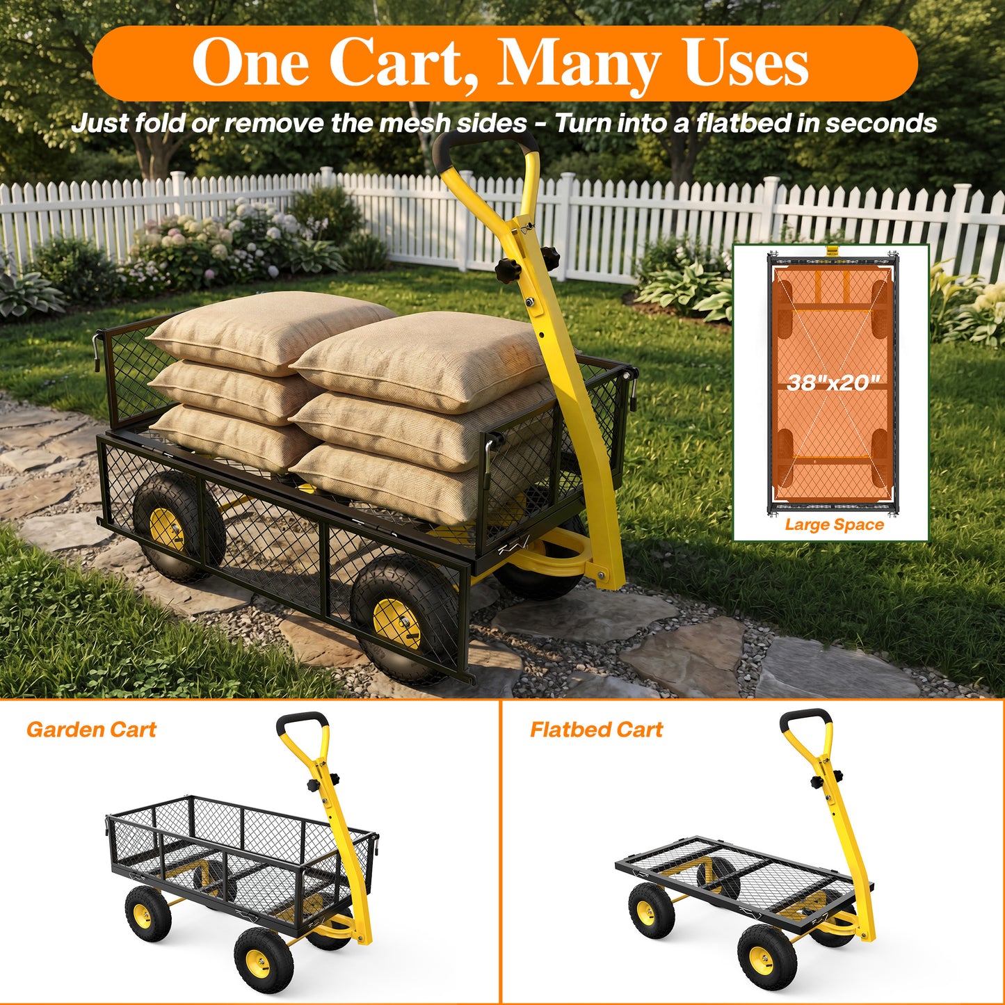 Firstness Heavy Duty Garden Cart, 900 lbs Capacity Garden Wagon with ATV/Tractor Hitch & Removable Sides