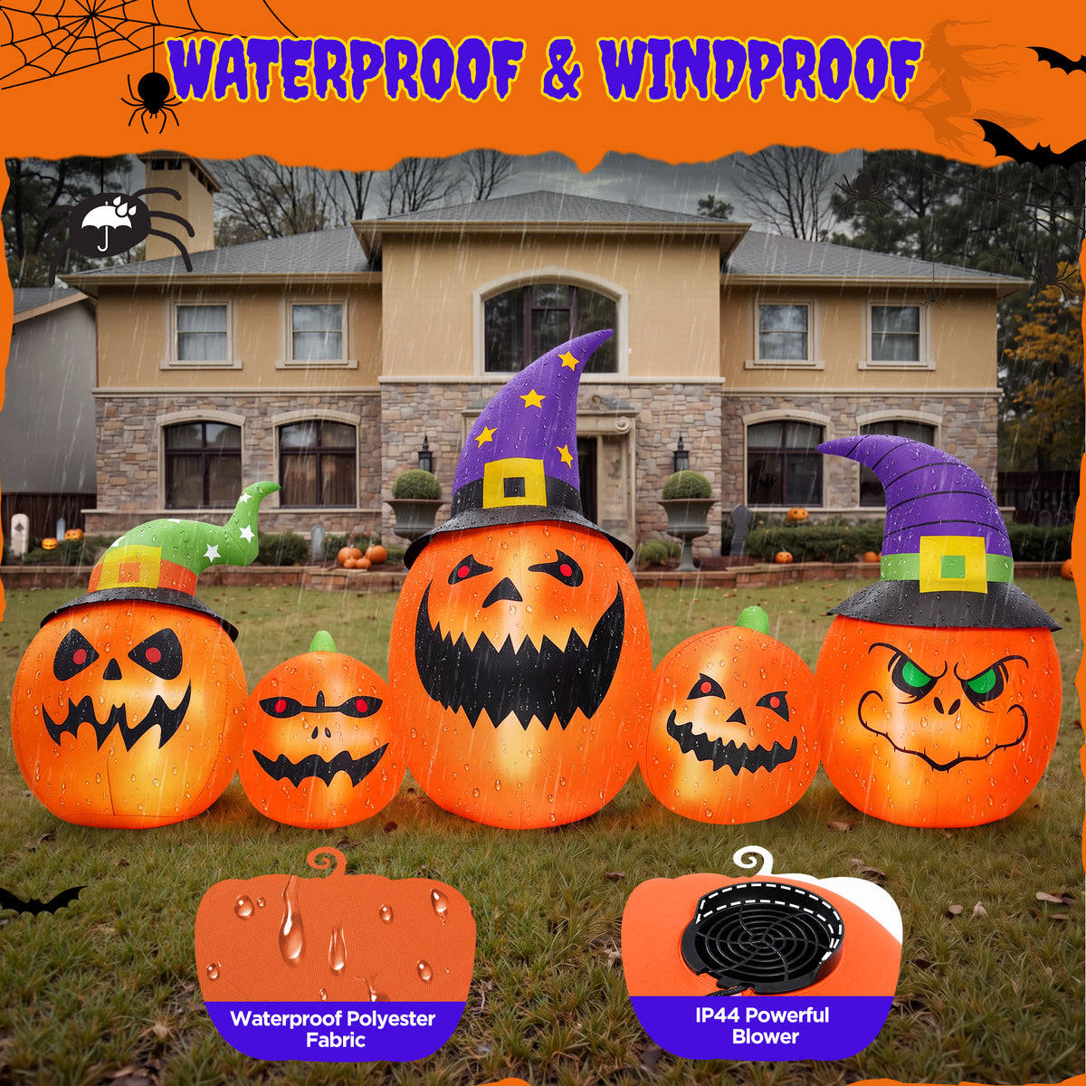 Firstness 8FT Halloween Inflatable Pumpkins Ghost Cat with Lights,Blow ups Outdoor Decorations for Yard