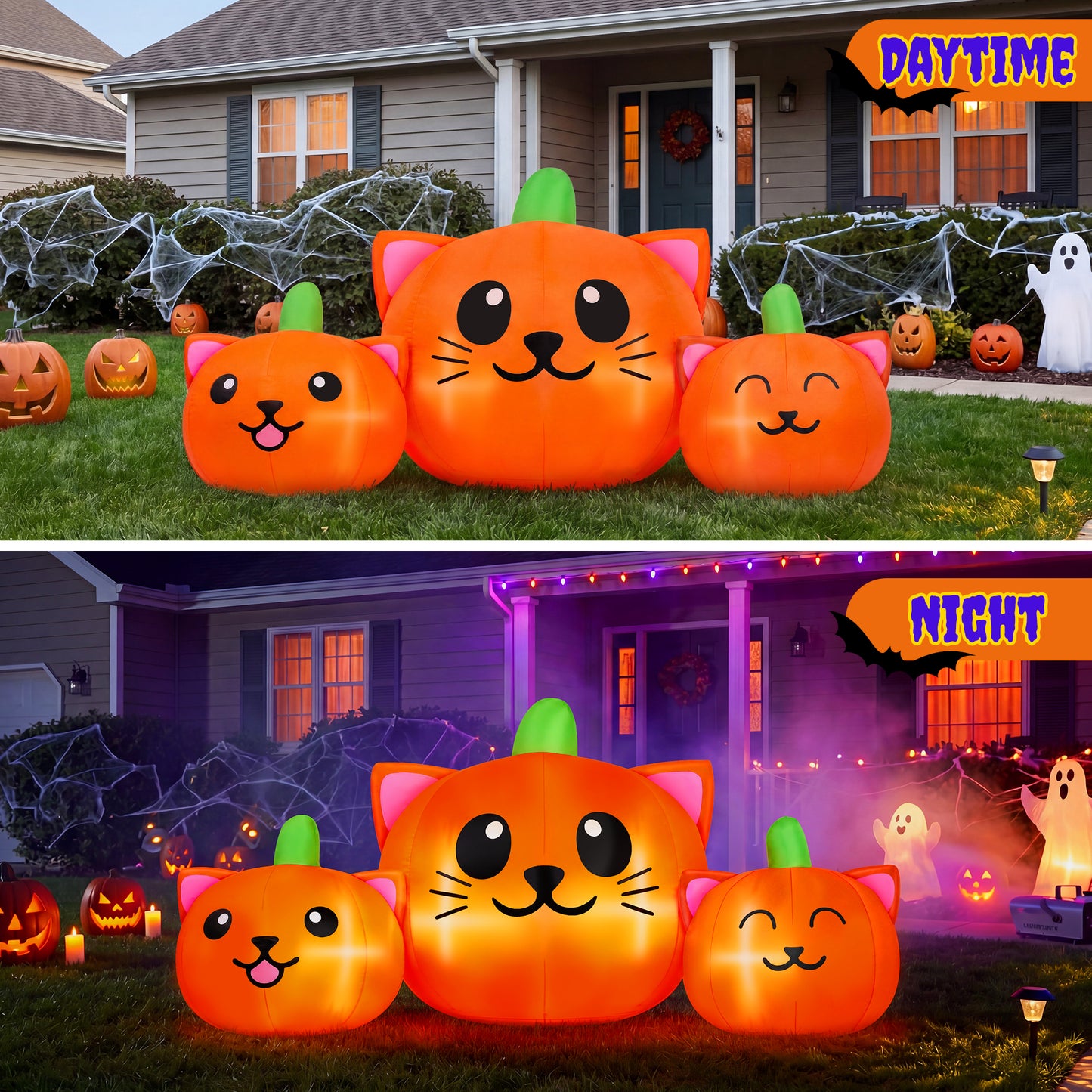 Firstness 6FT Long Halloween Inflatable Pumpkins Cat Outdoor Decorations,3 Pumpkins with Lights for Party Yard