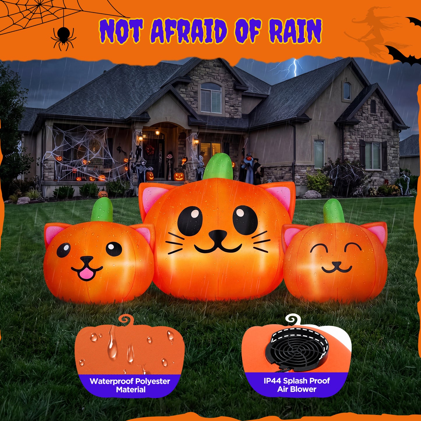 Firstness 6FT Long Halloween Inflatable Pumpkins Cat Outdoor Decorations,3 Pumpkins with Lights for Party Yard