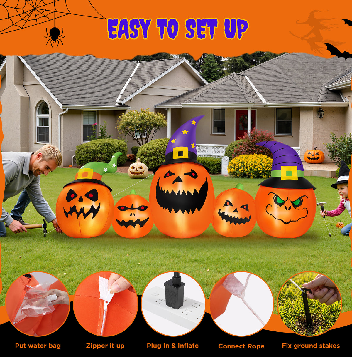 Firstness 8FT Halloween Inflatable Pumpkins Ghost Cat with Lights,Blow ups Outdoor Decorations for Yard