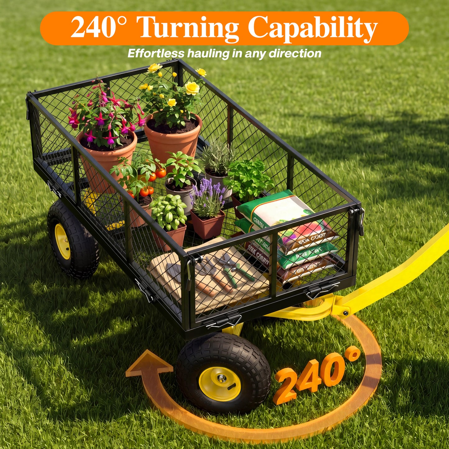Firstness Heavy Duty Garden Cart, 900 lbs Capacity Garden Wagon with ATV/Tractor Hitch & Removable Sides