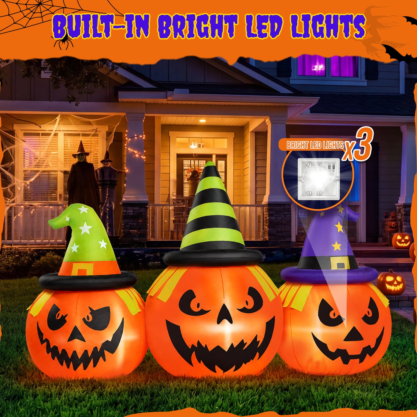 Firstness 6FT Halloween Inflatable,Three Pumpkins with LED Lights Outdoor Decorations