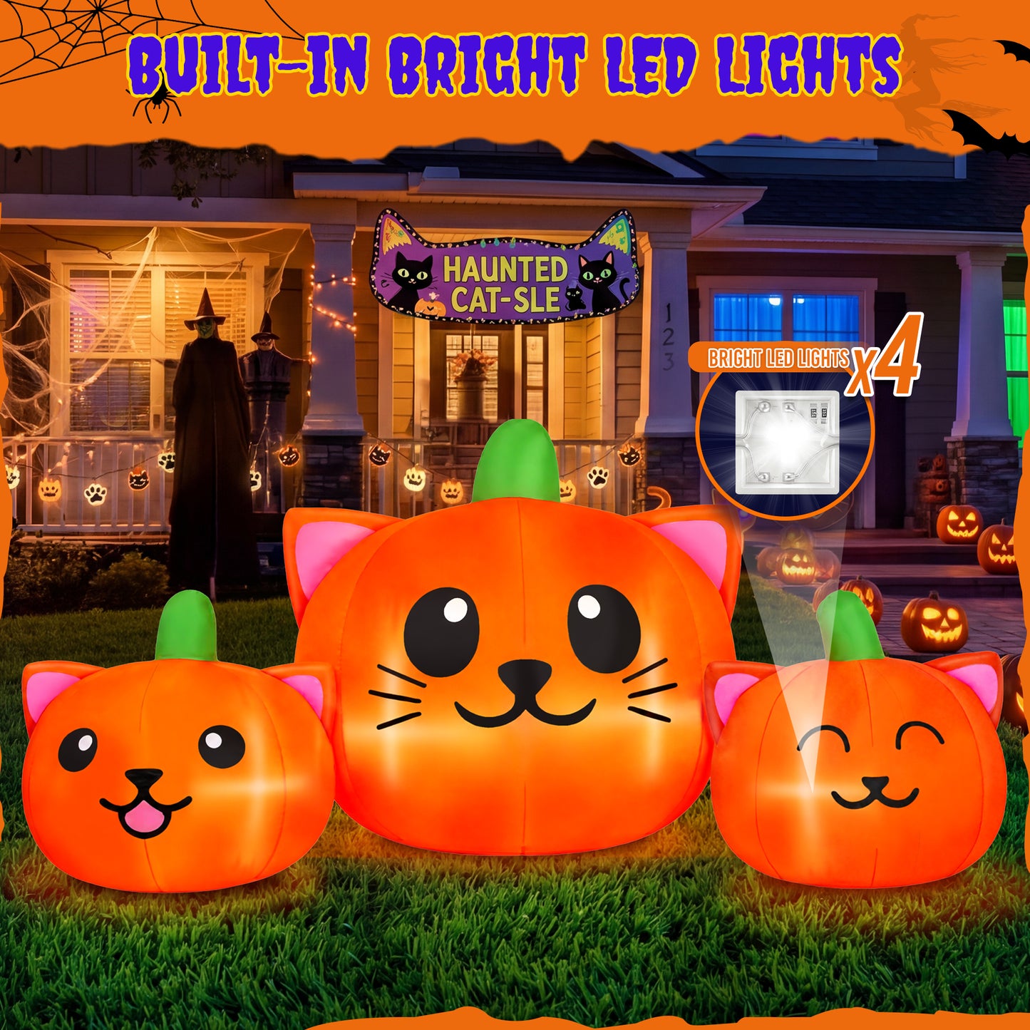 Firstness 6FT Long Halloween Inflatable Pumpkins Cat Outdoor Decorations,3 Pumpkins with Lights for Party Yard