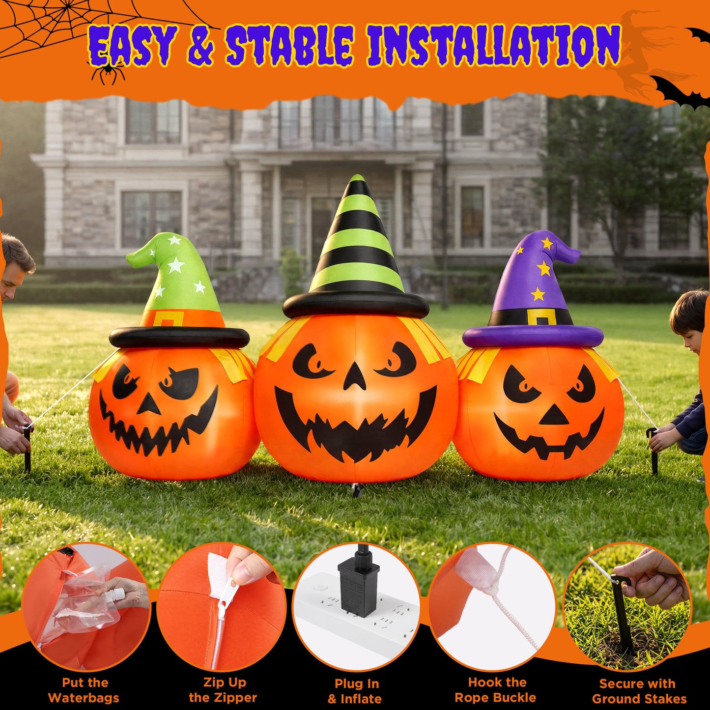 Firstness 6FT Halloween Inflatable,Three Pumpkins with LED Lights Outdoor Decorations