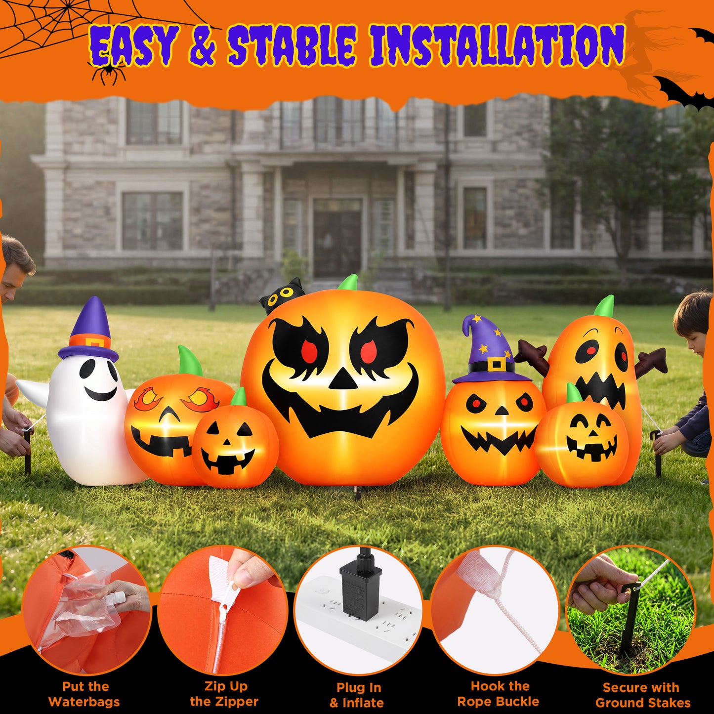 Firstness 7.9FT Halloween Inflatable Pumpkin Ghost with Lights, Halloween Blow Ups Outdoor Decoration for Home Party