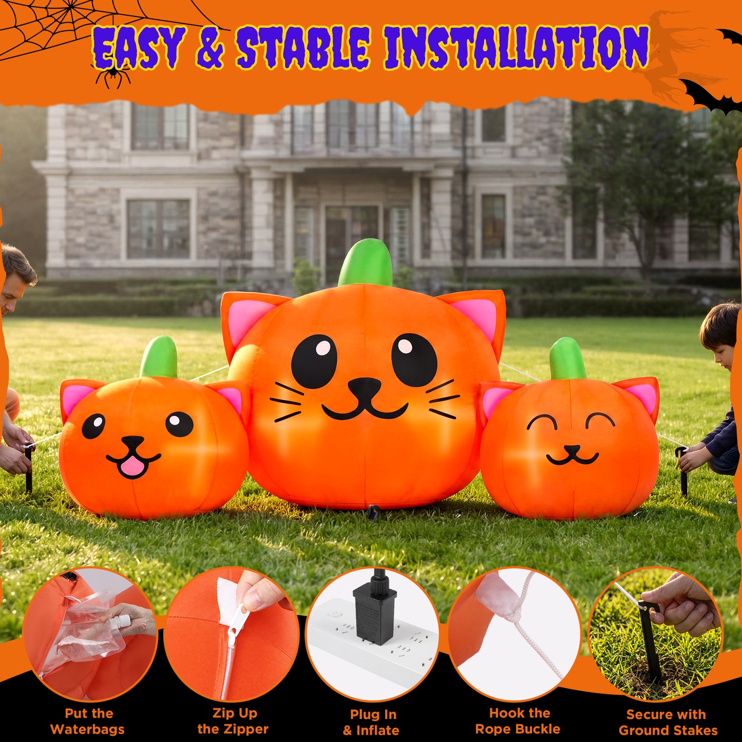 Firstness 6FT Long Halloween Inflatable Pumpkins Cat Outdoor Decorations,3 Pumpkins with Lights for Party Yard