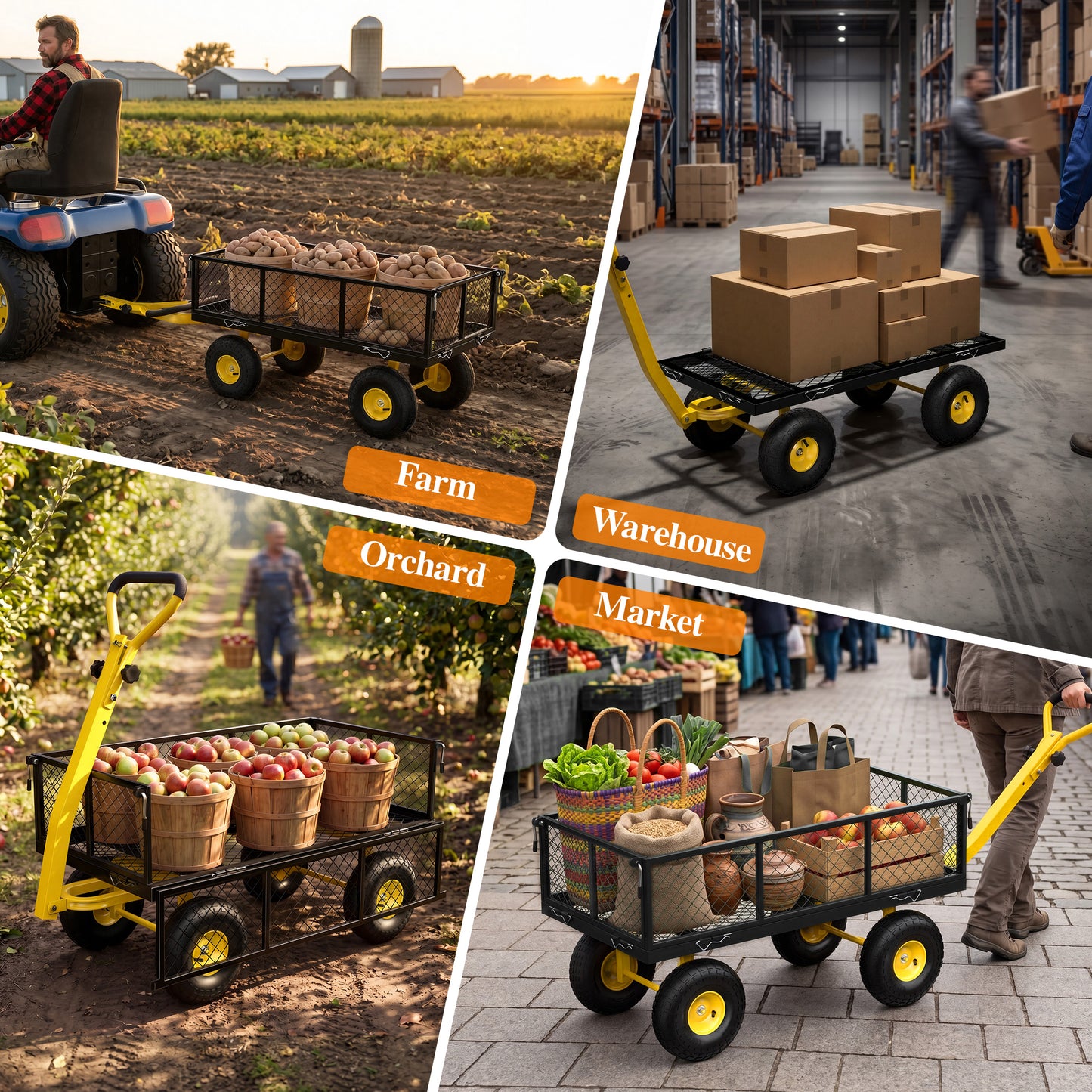 Firstness Heavy Duty Garden Cart, 900 lbs Capacity Garden Wagon with ATV/Tractor Hitch & Removable Sides