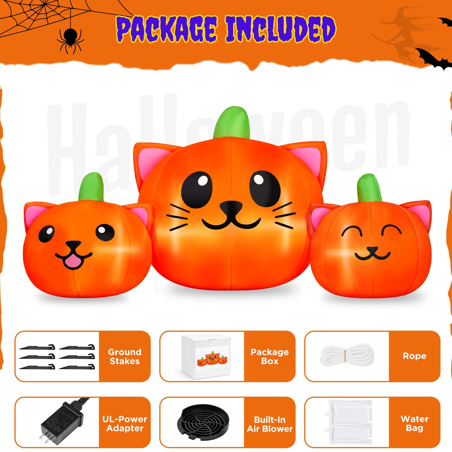 Firstness 6FT Long Halloween Inflatable Pumpkins Cat Outdoor Decorations,3 Pumpkins with Lights for Party Yard
