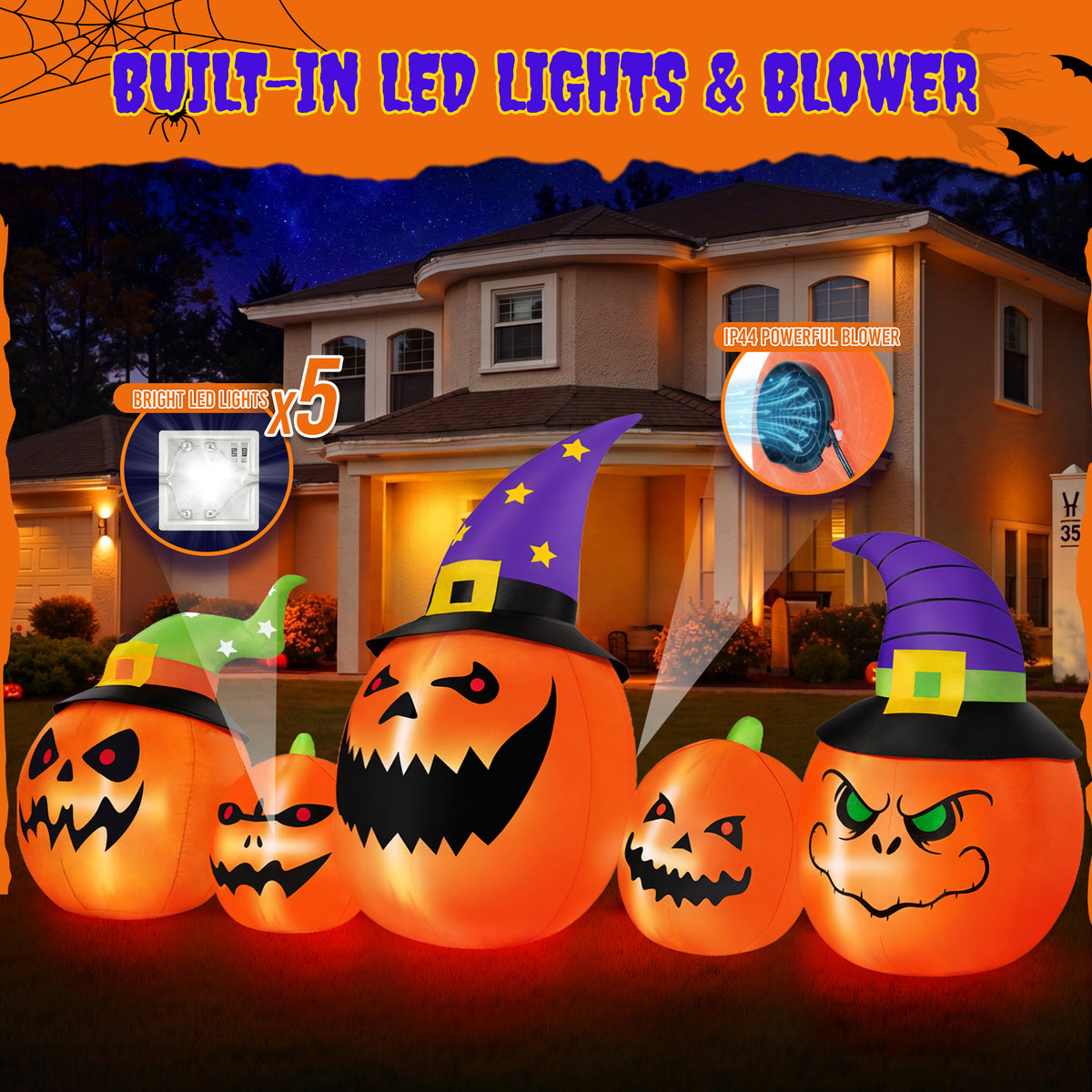 Firstness 8FT Halloween Inflatable Pumpkins Ghost Cat with Lights,Blow ups Outdoor Decorations for Yard