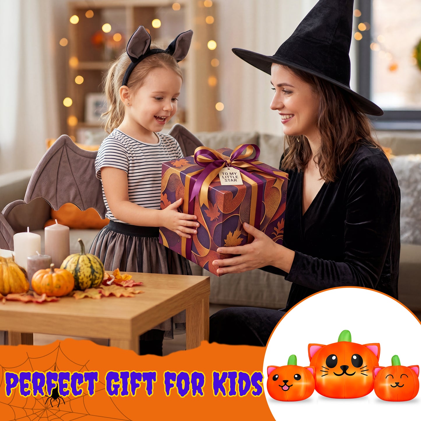 Firstness 6FT Long Halloween Inflatable Pumpkins Cat Outdoor Decorations,3 Pumpkins with Lights for Party Yard