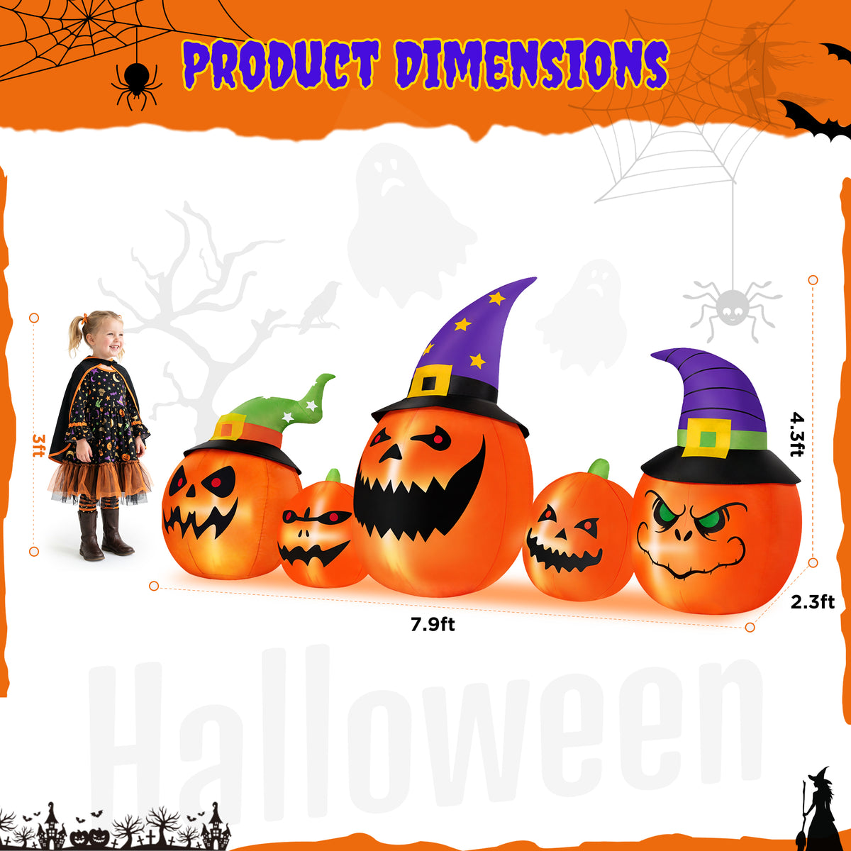 Firstness 8FT Halloween Inflatable Pumpkins Ghost Cat with Lights,Blow ups Outdoor Decorations for Yard