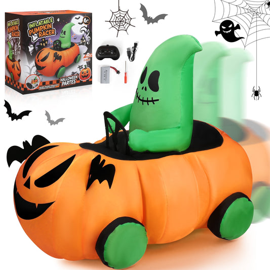 Firstness 2.6ft Remote Control Halloween Inflatable Pumpkin Ghost Car, Moving Blow up Halloween Decoration Toy for Kids, Indoor Outdoor Yard Use