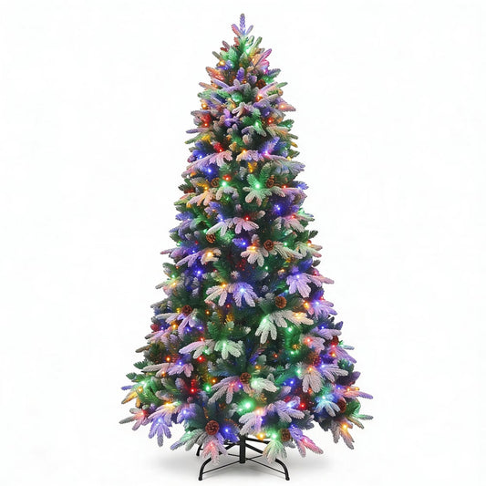 Firstness 6ft Christmas Tree PE Flocked Artificial Christmas Tree with Colorful Lights,Green White