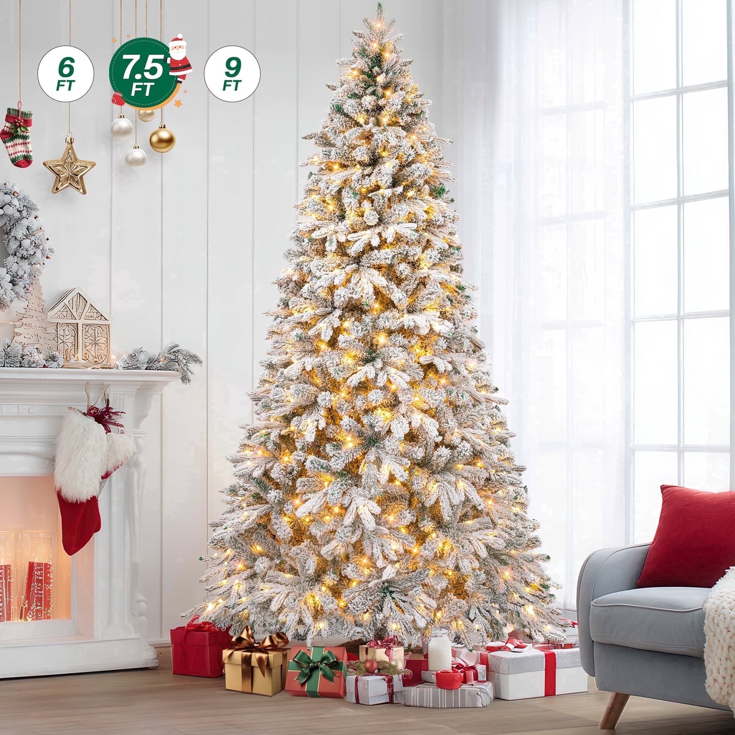 Firstness 6ft Pre-Lit Artificial Christmas Tree with 300 LED Lights,Snow Flocked Xmas Tree