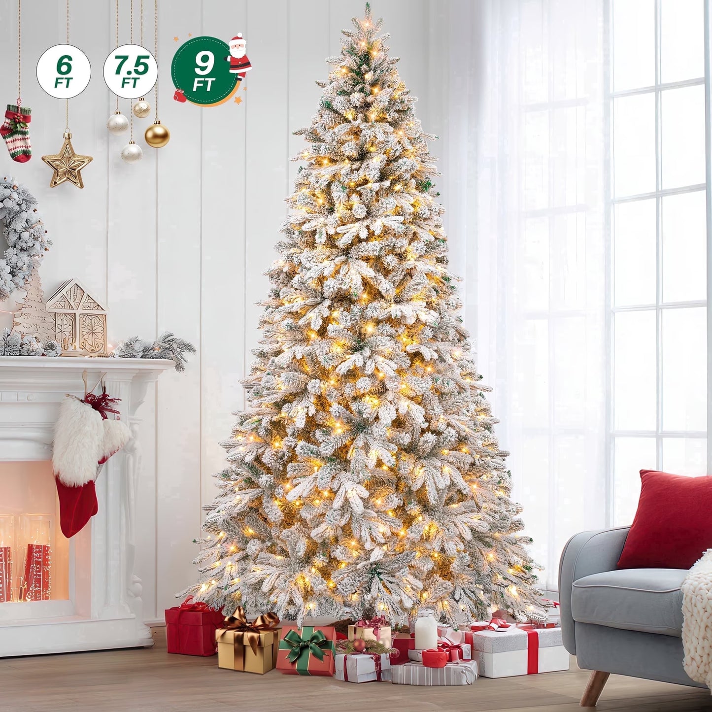 Firstness 6ft Pre-Lit Artificial Christmas Tree with 300 LED Lights,Snow Flocked Xmas Tree