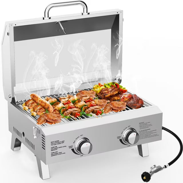 Firstness Propane Gas Grills, 30,000BTU Portable Gas Grill for Outdoor Camping BBQ Picnics Tailgating, 2 Burners, Stainless Steel Sliver