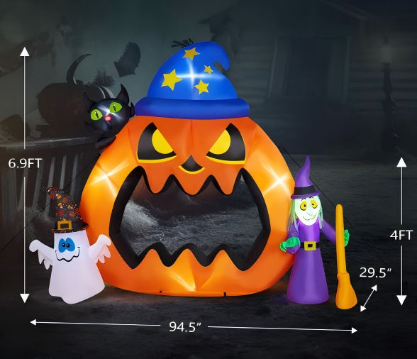 Firstness 8ft Halloween Inflatable Pumpkins Photo Door with Ghost Witch Yard Party Outdoor Decorations with LED Lights