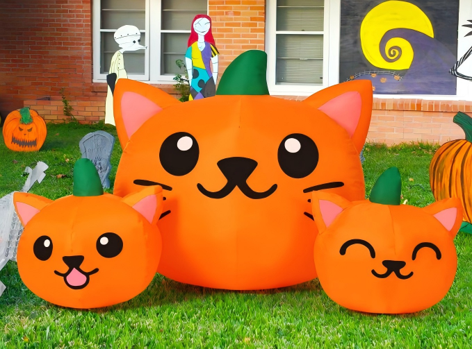 Firstness 6FT Long Halloween Inflatable Pumpkins Cat Outdoor Decorations,3 Pumpkins with Lights for Party Yard